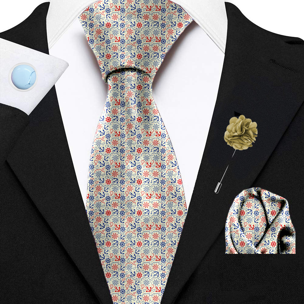 Blacksmith Cream Anchor Sailor Printed Tie and Pocket Square Set for Men with Natural Stone Cufflink and Matching Flower Lapel Pin for Blazer , Tuxedo or Coat