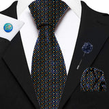 Blacksmith Tiny Blue Rockets Printed Tie and Pocket Square Set for Men with Natural Stone Cufflink and Matching Flower Lapel Pin for Blazer , Tuxedo or Coat