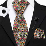 Blacksmith Multicolor Sushi Printed Tie and Pocket Square Set for Men with Natural Stone Cufflink and Matching Flower Lapel Pin for Blazer , Tuxedo or Coat