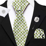 Blacksmith White Tiny Turtles Printed Tie and Pocket Square Set for Men with Natural Stone Cufflink and Matching Flower Lapel Pin for Blazer , Tuxedo or Coat