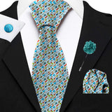 Blacksmith Sky Blue Aeroplanes Printed Tie and Pocket Square Set for Men with Natural Stone Cufflink and Matching Flower Lapel Pin for Blazer , Tuxedo or Coat