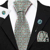 Blacksmith Flying Red and Green Hearts Printed Tie and Pocket Square Set for Men with Natural Stone Cufflink and Matching Flower Lapel Pin for Blazer , Tuxedo or Coat