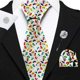 Blacksmith Whizzy White Cars Printed Tie and Pocket Square Set for Men with Natural Stone Cufflink and Matching Flower Lapel Pin for Blazer , Tuxedo or Coat