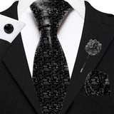 Blacksmith Pizza Pasta Black Printed Tie and Pocket Square Set for Men with Natural Stone Cufflink and Matching Flower Lapel Pin for Blazer , Tuxedo or Coat