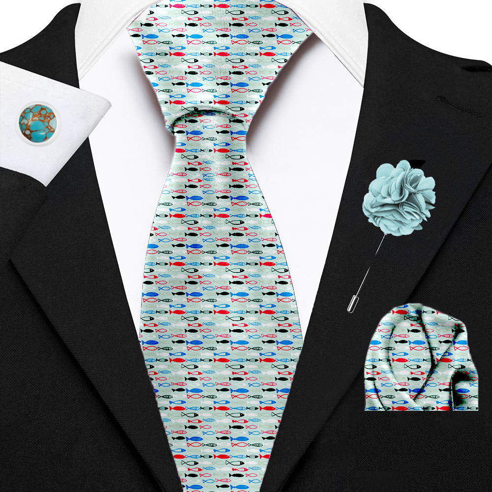 Blacksmith Tiny Turquoise Fishes Printed Tie and Pocket Square Set for Men with Natural Stone Cufflink and Matching Flower Lapel Pin for Blazer , Tuxedo or Coat