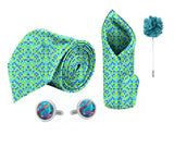 Blacksmith Polka Blue and Green Dots Printed Tie and Pocket Square Set for Men with Natural Stone Cufflink and Matching Flower Lapel Pin for Blazer , Tuxedo or Coat