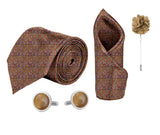 Blacksmith Tiny Brown Circles Printed Tie and Pocket Square Set for Men with Natural Stone Cufflink and Matching Flower Lapel Pin for Blazer , Tuxedo or Coat