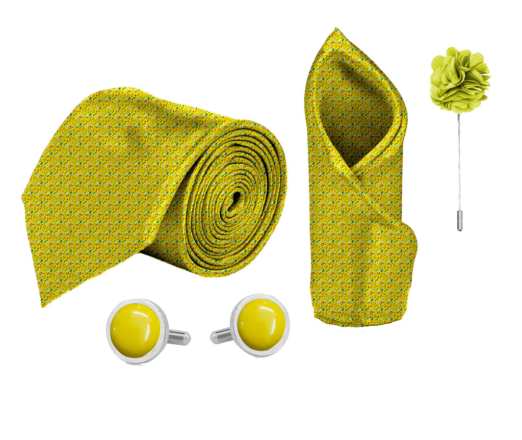 Blacksmith Yellow Boom Pow Printed Tie and Pocket Square Set for Men with Natural Stone Cufflink and Matching Flower Lapel Pin for Blazer , Tuxedo or Coat