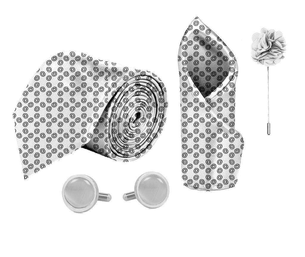Blacksmith White At the Rate @ Printed Tie and Pocket Square Set for Men with Natural Stone Cufflink and Matching Flower Lapel Pin for Blazer , Tuxedo or Coat