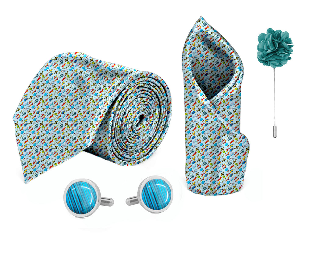 Blacksmith Sky Blue Aeroplanes Printed Tie and Pocket Square Set for Men with Natural Stone Cufflink and Matching Flower Lapel Pin for Blazer , Tuxedo or Coat