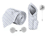 Blacksmith White and Blue Dolphin Printed Tie and Pocket Square Set for Men with Natural Stone Cufflink and Matching Flower Lapel Pin for Blazer , Tuxedo or Coat