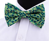 Blacksmith Abstract Blue and Green Adjustable Fashion Printed Bowtie and Matching Pocket Square Set for Men with Natural Stone Cufflink  - Bow ties for Tuxedo and Blazers