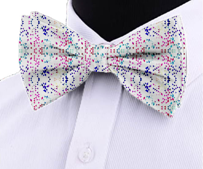 Blacksmith White Geometric Icicles Adjustable Fashion Printed Bowtie and Matching Pocket Square Set for Men with Natural Stone Cufflink  - Bow ties for Tuxedo and Blazers