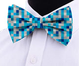 Blacksmith Water Blue Checks Adjustable Fashion Printed Bowtie and Matching Pocket Square Set for Men with Natural Stone Cufflink  - Bow ties for Tuxedo and Blazers