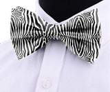 Blacksmith White and Black Zebra Adjustable Fashion Printed Bowtie and Matching Pocket Square Set for Men with Natural Stone Cufflink  - Bow ties for Tuxedo and Blazers