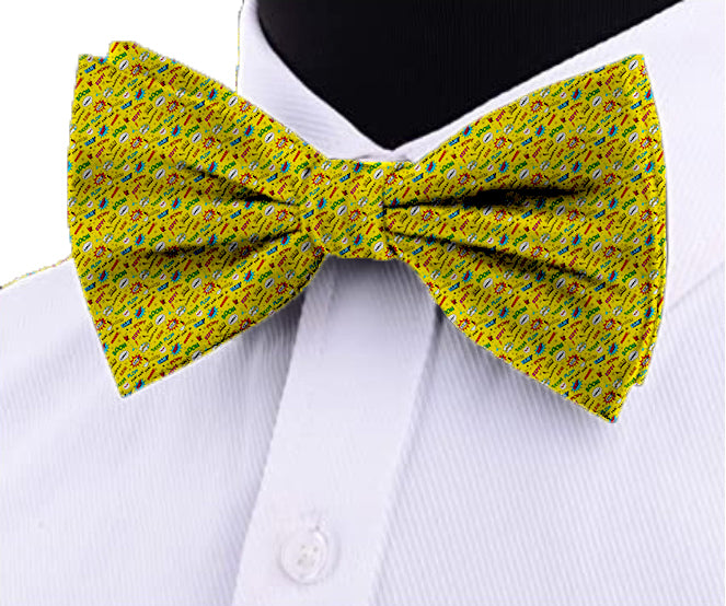 Blacksmith Yellow Boom Pow Adjustable Fashion Printed Bowtie and Matching Pocket Square Set for Men with Natural Stone Cufflink - Bow ties for Tuxedo and Blazers