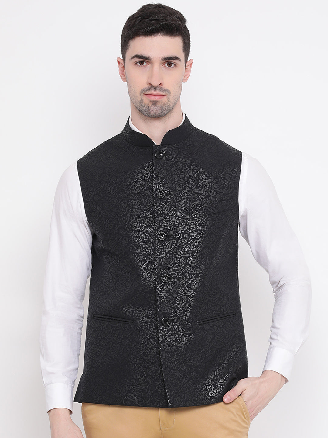 Buy Black Nehru Jacket Set In Linen With Multi Colored Resham Embroidered  Floral Motifs