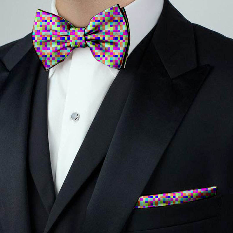 Blacksmith Multicolor Checks Adjustable Fashion Printed Bowtie and Matching Pocket Square Set for Men with Natural Stone Cufflink  - Bow ties for Tuxedo and Blazers