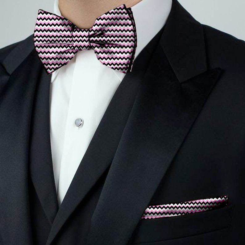 Blacksmith Light Pink Chevron Adjustable Fashion Printed Bowtie and Matching Pocket Square Set for Men with Natural Stone Cufflink  - Bow ties for Tuxedo and Blazers