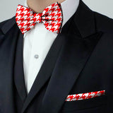 Blacksmith Red and White Houndstooth Adjustable Fashion Printed Bowtie and Matching Pocket Square Set for Men with Natural Stone Cufflink  - Bow ties for Tuxedo and Blazers