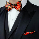 Blacksmith Black and Orange Pumpkin Adjustable Fashion Printed Bowtie and Matching Pocket Square Set for Men with Natural Stone Cufflink  - Bow ties for Tuxedo and Blazers