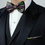 Blacksmith Black Multicolor Musical Notes Adjustable Fashion Printed Bowtie and Matching Pocket Square Set for Men with Natural Stone Cufflink  - Bow ties for Tuxedo and Blazers