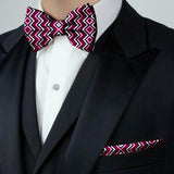 Blacksmith Dark Pink Chevron Adjustable Fashion Printed Bowtie and Matching Pocket Square Set for Men with Natural Stone Cufflink  - Bow ties for Tuxedo and Blazers