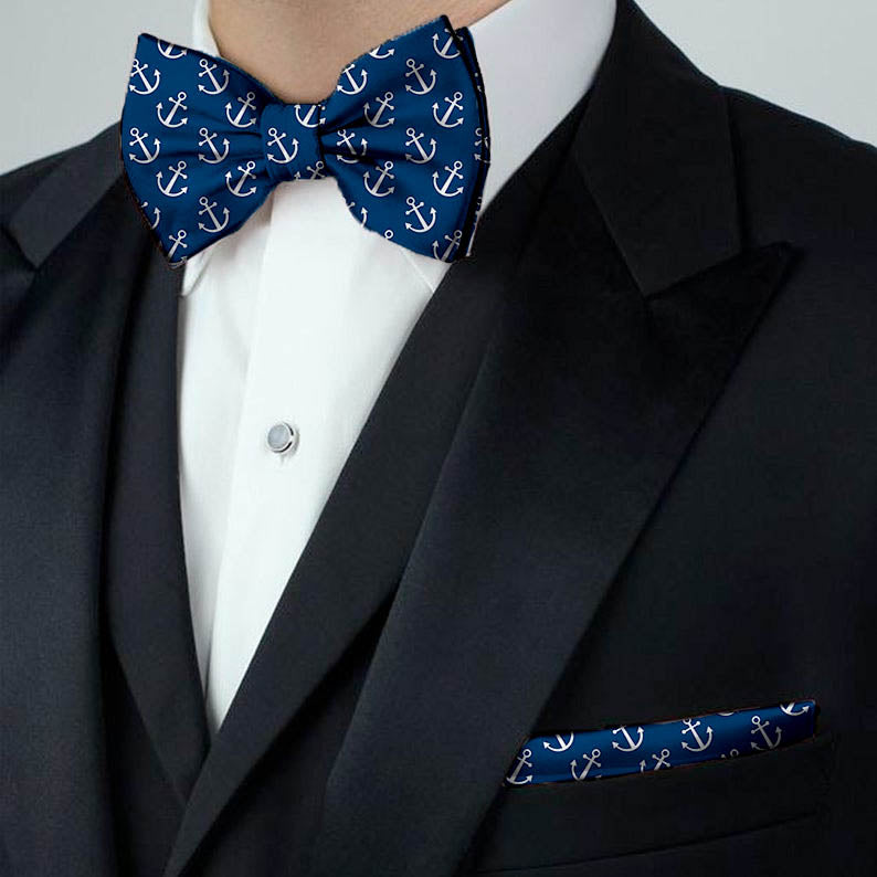 Blacksmith Navy Blue Anchor Adjustable Fashion Printed Bowtie and Matching Pocket Square Set for Men with Natural Stone Cufflink  - Bow ties for Tuxedo and Blazers