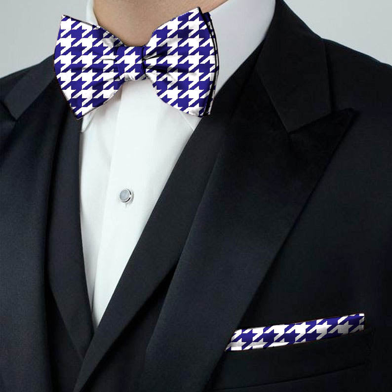 Blacksmith Navy Blue and White Houndstooth Adjustable Fashion Printed Bowtie and Matching Pocket Square Set for Men with Natural Stone Cufflink  - Bow ties for Tuxedo and Blazers