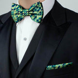 Blacksmith Abstract Blue and Green Adjustable Fashion Printed Bowtie and Matching Pocket Square Set for Men with Natural Stone Cufflink  - Bow ties for Tuxedo and Blazers