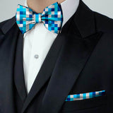 Blacksmith Water Blue Checks Adjustable Fashion Printed Bowtie and Matching Pocket Square Set for Men with Natural Stone Cufflink  - Bow ties for Tuxedo and Blazers