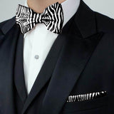 Blacksmith White and Black Zebra Adjustable Fashion Printed Bowtie and Matching Pocket Square Set for Men with Natural Stone Cufflink  - Bow ties for Tuxedo and Blazers