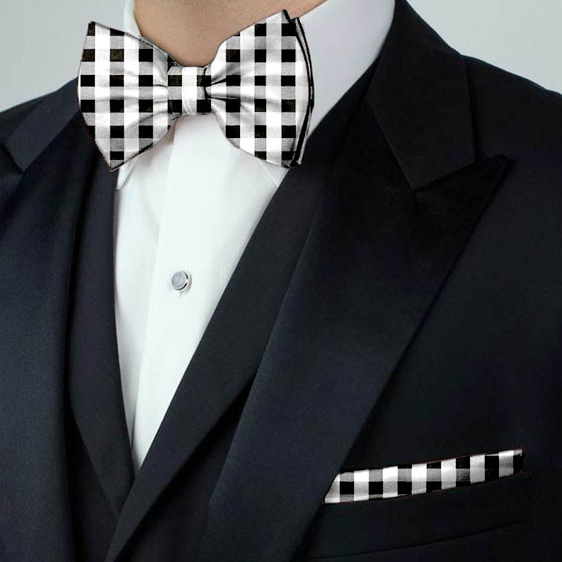 Blacksmith Black and White Checks Adjustable Fashion Printed Bowtie and Matching Pocket Square Set for Men with Natural Stone Cufflink  - Bow ties for Tuxedo and Blazers