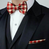 Blacksmith Red and Beige Checks Adjustable Fashion Printed Bowtie and Matching Pocket Square Set for Men with Natural Stone Cufflink  - Bow ties for Tuxedo and Blazers