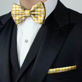 Blacksmith Yellow Gingham Checks Adjustable Fashion Printed Bowtie and Matching Pocket Square Set for Men with Natural Stone Cufflink  - Bow ties for Tuxedo and Blazers