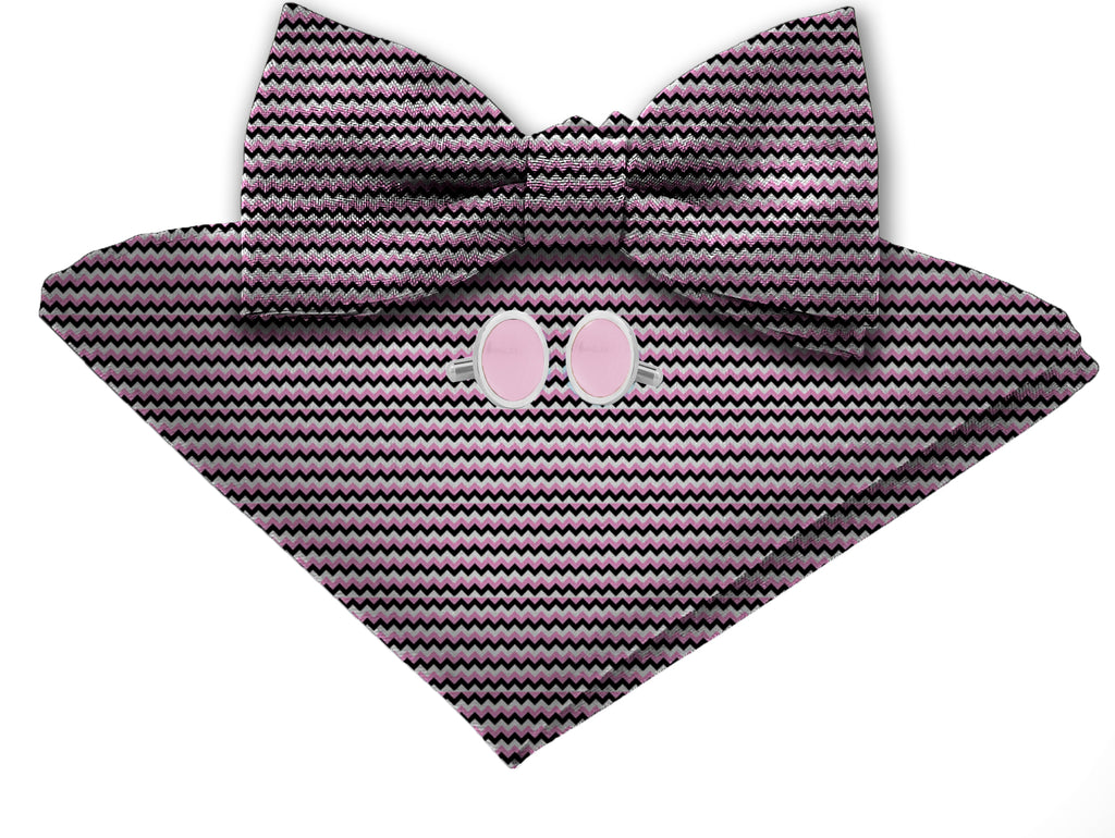 Blacksmith Light Pink Chevron Adjustable Fashion Printed Bowtie and Matching Pocket Square Set for Men with Natural Stone Cufflink  - Bow ties for Tuxedo and Blazers