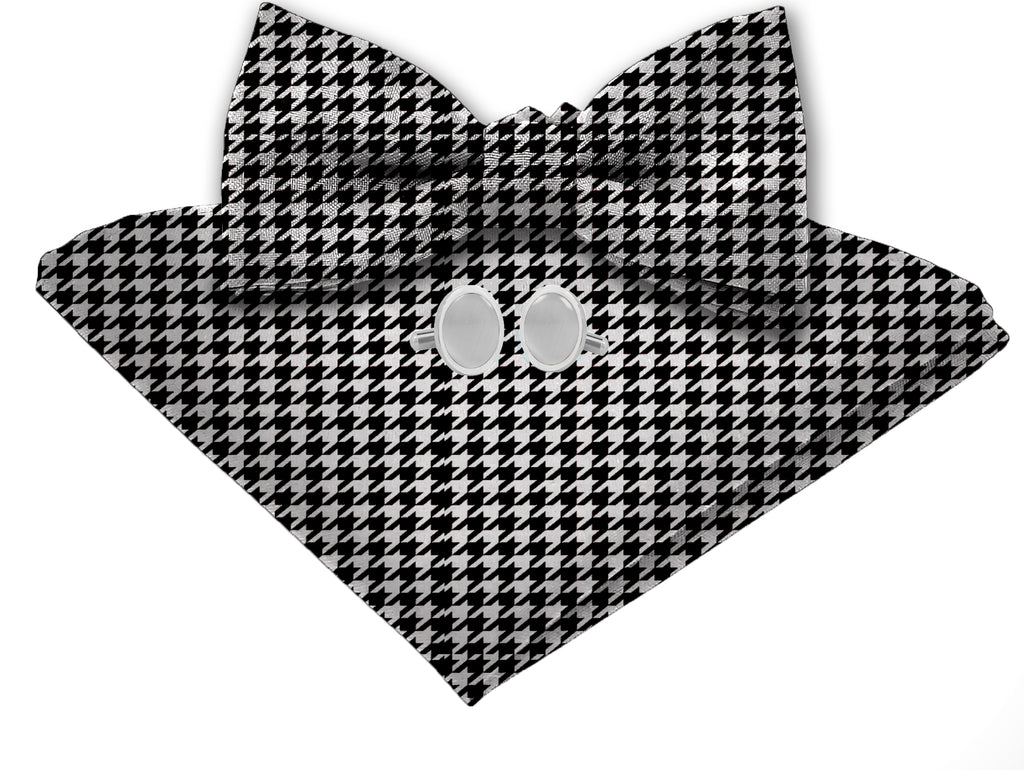 Blacksmith Black and White Houndstooth Adjustable Fashion Printed Bowtie and Matching Pocket Square Set for Men with Natural Stone Cufflink  - Bow ties for Tuxedo and Blazers