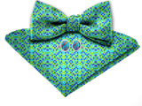 Blacksmith Polka Blue and Green Dots Adjustable Fashion Printed Bowtie and Matching Pocket Square Set for Men with Natural Stone Cufflink  - Bow ties for Tuxedo and Blazers