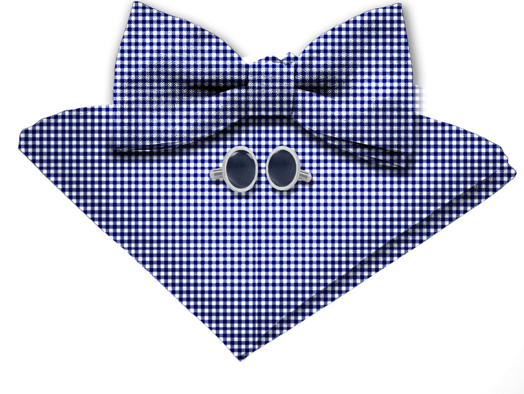 Blacksmith Navy Blue Gingham Checks Adjustable Fashion Printed Bowtie and Matching Pocket Square Set for Men with Natural Stone Cufflink  - Bow ties for Tuxedo and Blazers