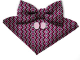 Blacksmith Dark Pink Chevron Adjustable Fashion Printed Bowtie and Matching Pocket Square Set for Men with Natural Stone Cufflink  - Bow ties for Tuxedo and Blazers