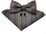 Blacksmith White Japanese Abstract Color Adjustable Fashion Printed Bowtie and Matching Pocket Square Set for Men with Natural Stone Cufflink  - Bow ties for Tuxedo and Blazers