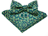 Blacksmith Abstract Blue and Green Adjustable Fashion Printed Bowtie and Matching Pocket Square Set for Men with Natural Stone Cufflink  - Bow ties for Tuxedo and Blazers