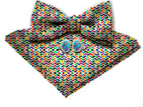 Blacksmith Abstract Multicolor Adjustable Fashion Printed Bowtie and Matching Pocket Square Set for Men with Natural Stone Cufflink  - Bow ties for Tuxedo and Blazers