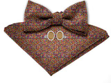 Blacksmith Tiny Brown Circles Adjustable Fashion Printed Bowtie and Matching Pocket Square Set for Men with Natural Stone Cufflink  - Bow ties for Tuxedo and Blazers