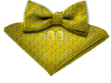 Blacksmith Yellow Boom Pow Adjustable Fashion Printed Bowtie and Matching Pocket Square Set for Men with Natural Stone Cufflink - Bow ties for Tuxedo and Blazers
