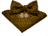 Blacksmith Leopard , Tiger Brown Adjustable Fashion Printed Bowtie and Matching Pocket Square Set for Men with Natural Stone Cufflink  - Bow ties for Tuxedo and Blazers