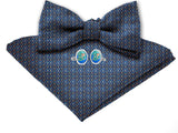 Blacksmith Tiny Blue Rockets Adjustable Fashion Printed Bowtie and Matching Pocket Square Set for Men with Natural Stone Cufflink  - Bow ties for Tuxedo and Blazers