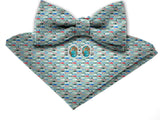 Blacksmith Tiny Turquoise Fishes Adjustable Fashion Printed Bowtie and Matching Pocket Square Set for Men with Natural Stone Cufflink  - Bow ties for Tuxedo and Blazers