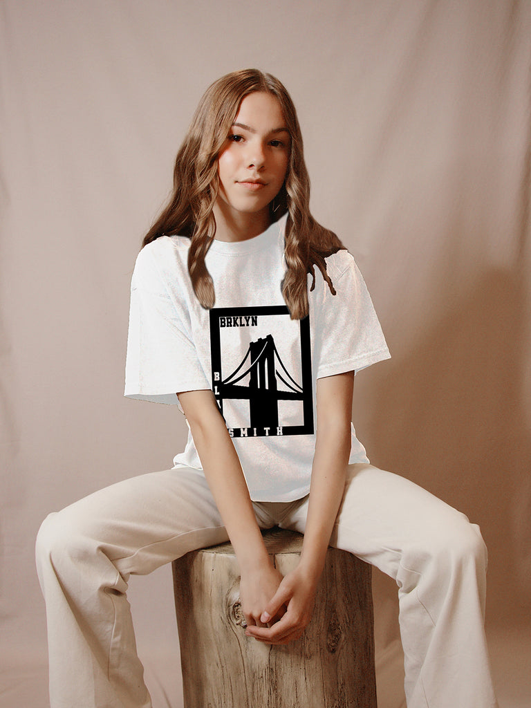 Blacksmith | Blacksmith Fashion | Printed Brklyn White And Black 100% Soft Cotton Bio-Washed Top for women's and Girls