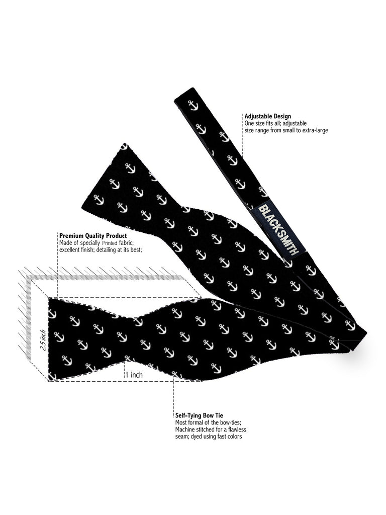 Blacksmith Black Anchor Satin Adjustable Self Tie Open Bowtie for Men - Self Tie Bowties
